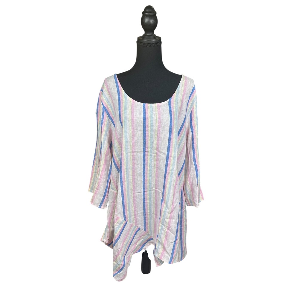 Jones & Co 1X Striped Tunic‎ Top Asymmetrical Hem Linen Blend Pink Blue